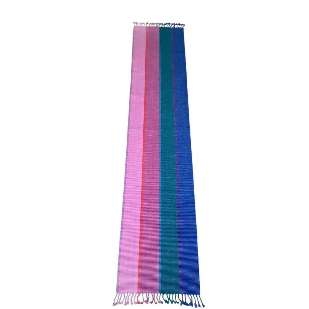 VTG Pier 1 Woven Table Runner Striped Pink Green Blue Purple Fringe Boho 14